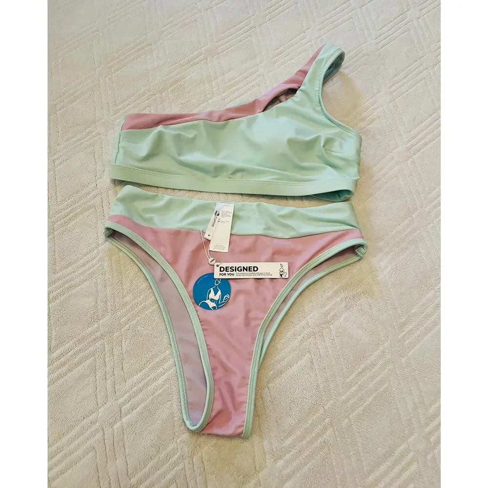 Cupshe Spring Macaron One Shoulder Cutout And High Waist Bikini Set✨